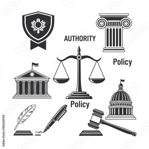 Justice law policy and authority symbols.