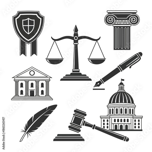 Justice law symbols and icons set.
