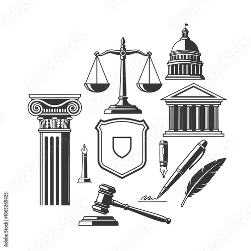 Justice law symbols and legal icons.