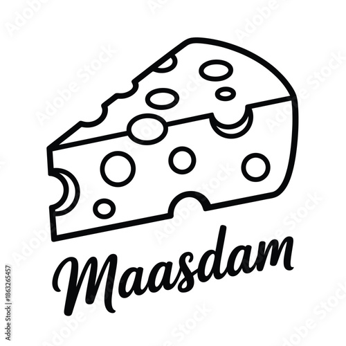 Simple black and white illustration of a maasdam cheese wedge with text
