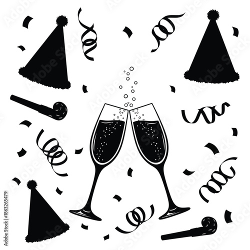 A celebratory illustration features champagne glasses toasting party hats and colorful confetti swirls symbolizing joy