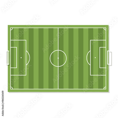 An overhead view of a vividly colored green soccer field displaying standard field markings and goal areas