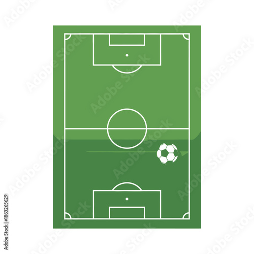 An aerial view showcases a green soccer field with white markings and a soccer ball