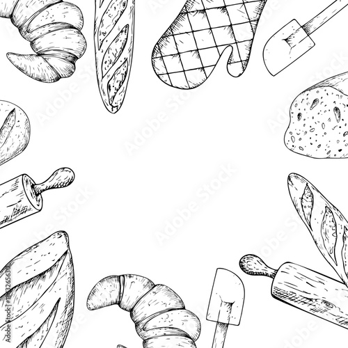 Vector frame, template with bread, pot holders, whisk, silicone kitchen spatula, glove potholder. Graphic ink Oven Mitt, kitchen tool illustration isolated on background. Hand drawn line sketch. For