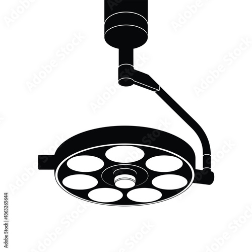 Surgical light fixture with a circular design and adjustable arm shown