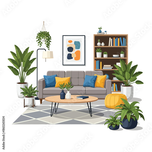 A cozy and inviting living room interior showcasing a gray sofa plants and modern decor