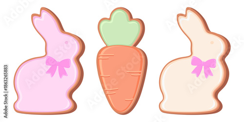 Illustration of Easter gingerbread cookies in the form of bunnies and carrot decorated of sugar icing. Festive flat vector illustration isolated on a white background.