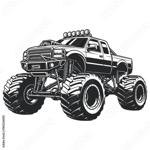 A detailed black and white illustration showcasing a powerful monster truck with oversized tires and chassis