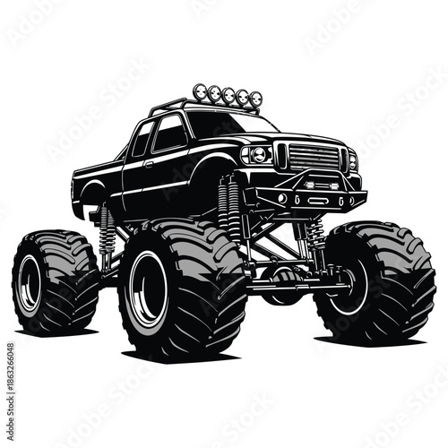 A detailed black and white illustration of a powerful monster truck with oversized tires and a robust frame