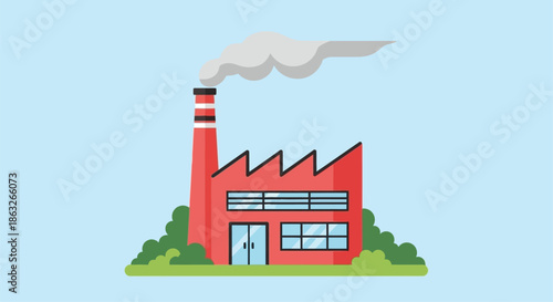 A simple illustration of a red factory building with a smoking chimney