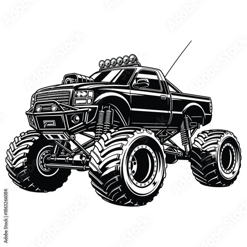 Detailed black and white illustration of a powerful monster truck with oversized tires and a robust chassis