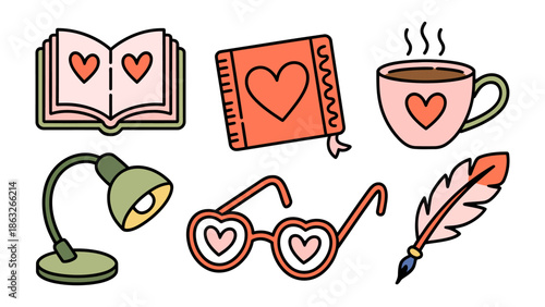 Cozy Corner of Love: An illustration of elements of cozy corner, a book of heart, a cup of coffee, reading lamp, glasses, pen creating a heartwarming ambiance.