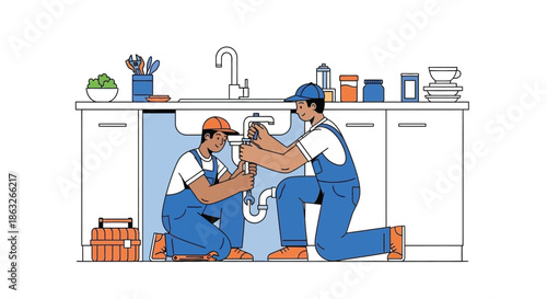Two plumbers diligently repairing a leaky pipe under a kitchen sink