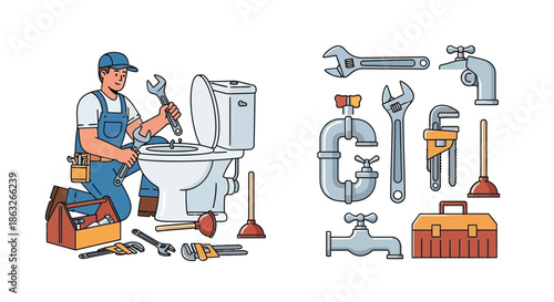 A plumber repairing a toilet with various plumbing tools displayed nearby