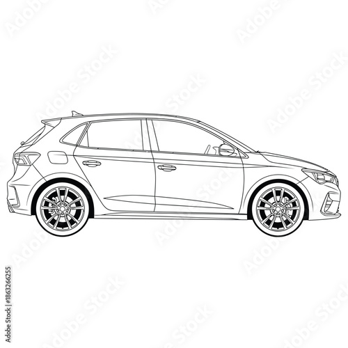 Detailed line drawing showcases a modern hatchback vehicle with sleek design and sporty wheel aesthetics