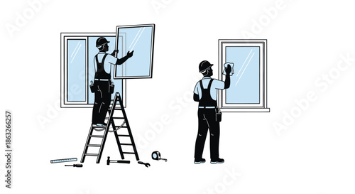 Two window installers working on exterior windows with tools and a ladder