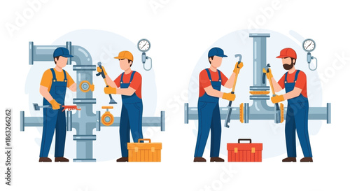 Plumbing professionals working on pipe systems with tools and safety equipment