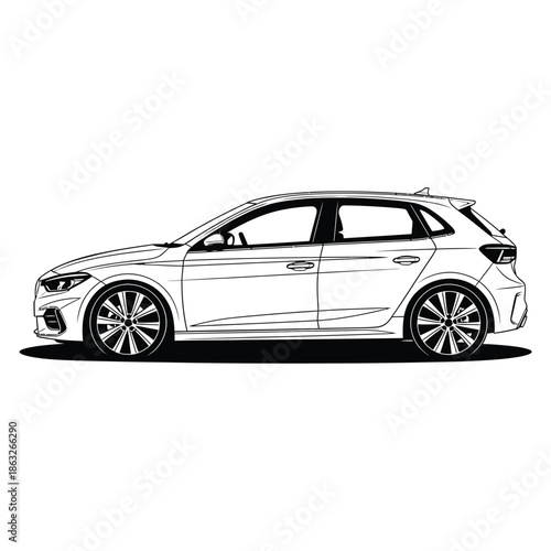 A sleek side view illustration of a modern white hatchback vehicle with detailed wheel and body lines