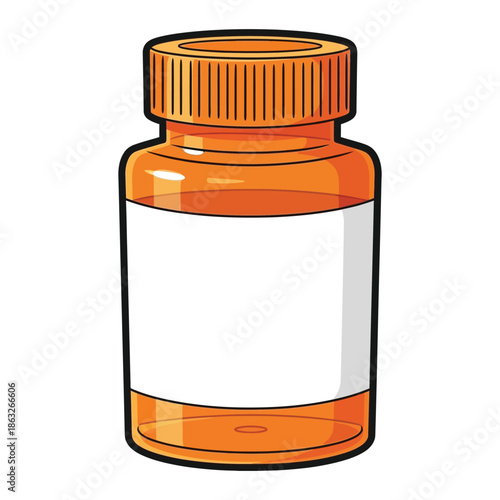 An isolated cartoon illustration of an amber glass pill bottle with a bright orange cap and label