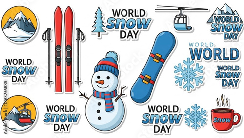 World snow day stickers with snowman, skis, snowboard, and winter elements on white background