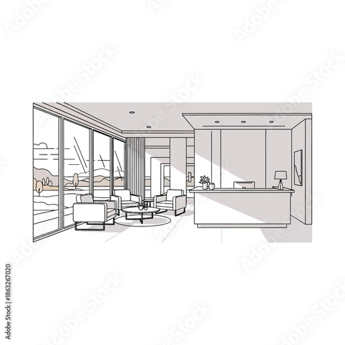 A modern reception area with sleek furniture large windows and minimalist interior design elements is depicted