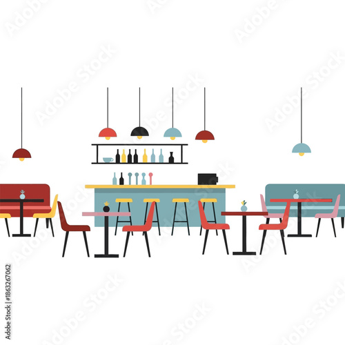 A charming minimalist illustration depicts a cafe interior with seating a bar and hanging lights
