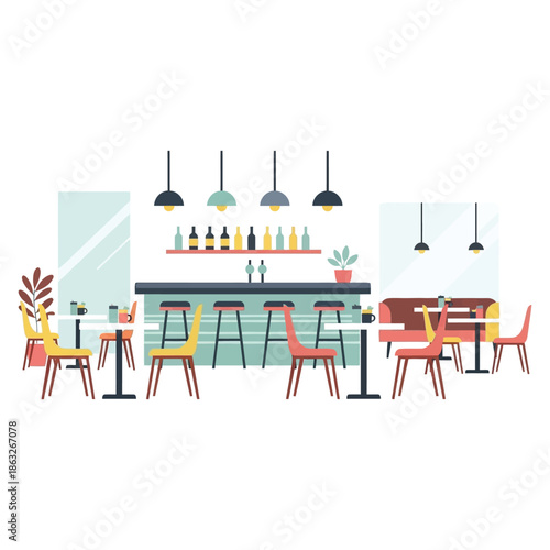 a vibrant and colorful illustration depicting the interior of a modern stylish bar or cafe setting