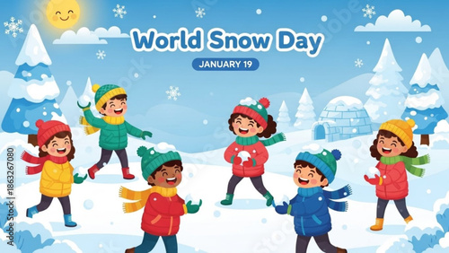 Children playing snow on world snow day, kids throwing snowballs in winter landscape with trees and sunny