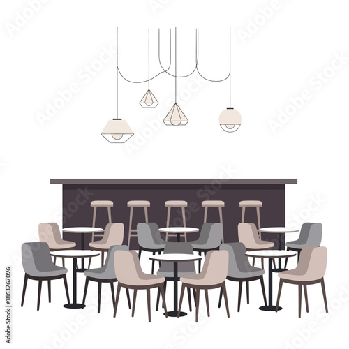 An illustrated view of a modern cafe interior with tables chairs and hanging light fixtures above a bar