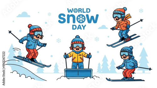 Four cartoon children skiing and snowboarding on a snowy hill with trees in background for world snow day