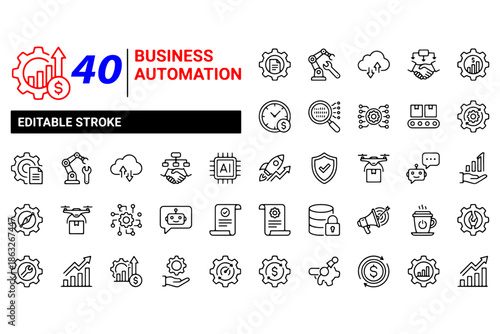 business icons set,
Business Automation Line Editable Icon Set – Process, Optimization, Robotic Integration, Business Model, Editable Stroke Vector Illustration