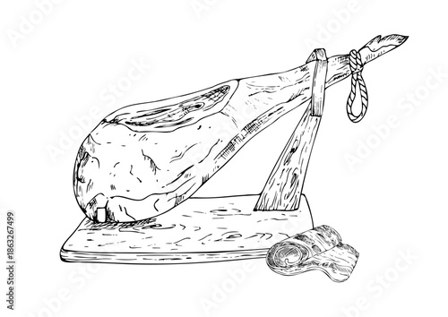 Vector whole cured ham leg on a wooden stand. Graphic ink Traditional spanish jamon serrano illustration, isolated on background. Hand drawn line sketch. For designers, prints, logo, icon, menu