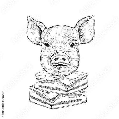 Vector pig head on lard. Graphic ink Pork belly meat illustration, isolated on background. Hand drawn line sketch. For designers, prints, logo, icon, menu, postcards, holiday, covers