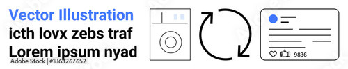 Workflow automation, digital transformation, efficiency, technology integration, social media, and everyday tasks. Clean washing machine, loop arrows and interface. Workflow automation and digital
