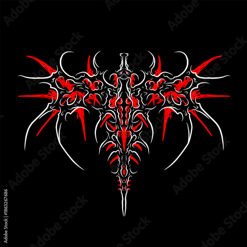 Symmetrical abstract tribal sigilism dragon with sharp organic lines in red and white vector, dark gothic style for streetwear graphics, posters, and tattoo art