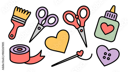 Crafting Essentials: A vibrant collection of crafting tools and supplies, perfect for creative projects, including scissors, a paintbrush, heart-shaped embellishments, and more.