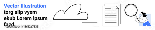 Data analysis, cloud computing, research, document review, digital search, technology. Visual with cloud outline, document stack magnifying glass and cartoon character. Data analysis and cloud