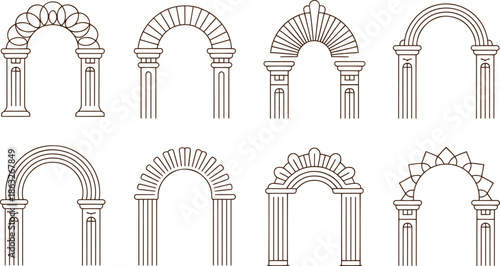 Seven Different Architectural Arches with Columns and Decorative in Black and White Line decorative black and white