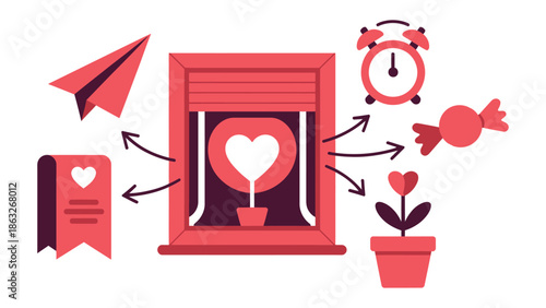 Heartfelt Concept: Illustrated scene of love with paper airplane, bookmark, window, alarm clock, and candy. The drawing invokes warm feelings.