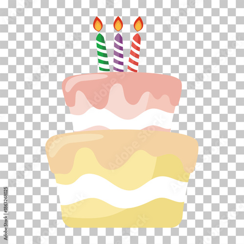 Birthday cake with pink and yellow frosting, topped with three lit candles in green, purple, and red stripes, set against a transparent background.