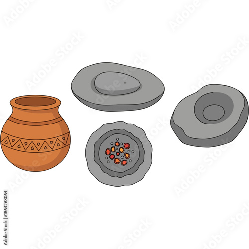 Ancient Clay Pot and Stone Tools for Grinding and Processing.
