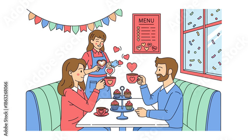 Love-Infused Cafe: A charming cafe scene is depicted, with a couple enjoying a romantic moment as a barista serves them coffee with hearts, adorned by decorative flags and a menu.