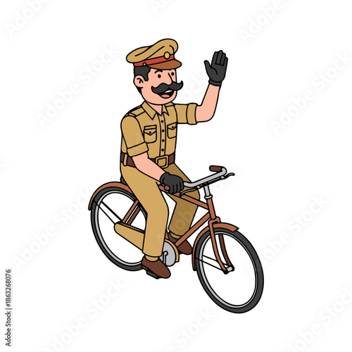 Cartoon Man Riding Bicycle Waving Hand.