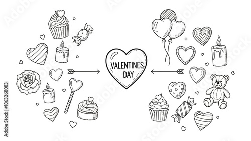 Valentine's Day Line Art: A delicate, hand-drawn arrangement of Valentine's Day elements with love hearts, candies, cupcake and other symbols, conveying affection and romantic celebration.