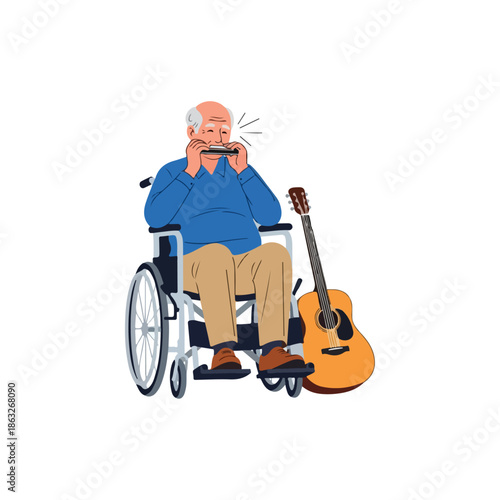 Elderly Man Playing Harmonica in Wheelchair.