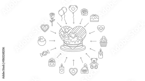 Love's Sweet Treasures: A heartwarming collection of love-themed elements, intricately arranged around a central heart, exudes charm and celebration. 