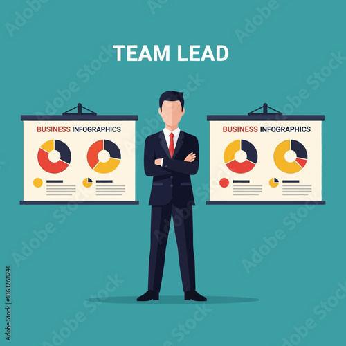 Confident business team lead stands with arms crossed presenting key financial data using colorful pie chart infographics on projection screens.