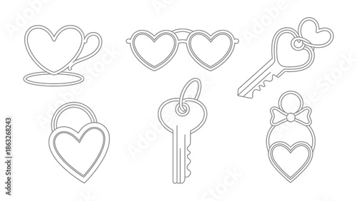 Love's Adornments: A charming collection of love-themed accessories. A delicate heart-shaped teacup, stylish sunglasses, heart keys, lock, and ornament showcase the essence of affection and fondness.