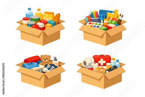 Four cardboard boxes filled with donations, each with different items.