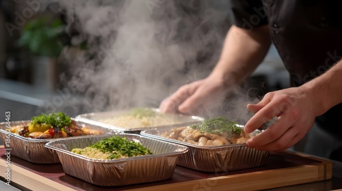 Wallpaper Mural Chef carefully arranges steaming hot food portions in compartmentalized aluminum containers for takeout or delivery service Torontodigital.ca